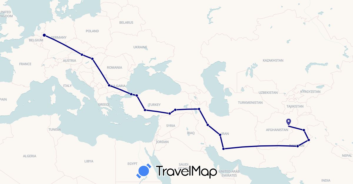 TravelMap itinerary: driving in Afghanistan, Austria, Bulgaria, Germany, Hungary, Iran, Pakistan, Turkey (Asia, Europe)